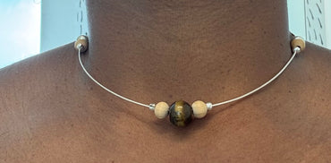 16" Necklace Wood beads & Tiger Eye Gemstone