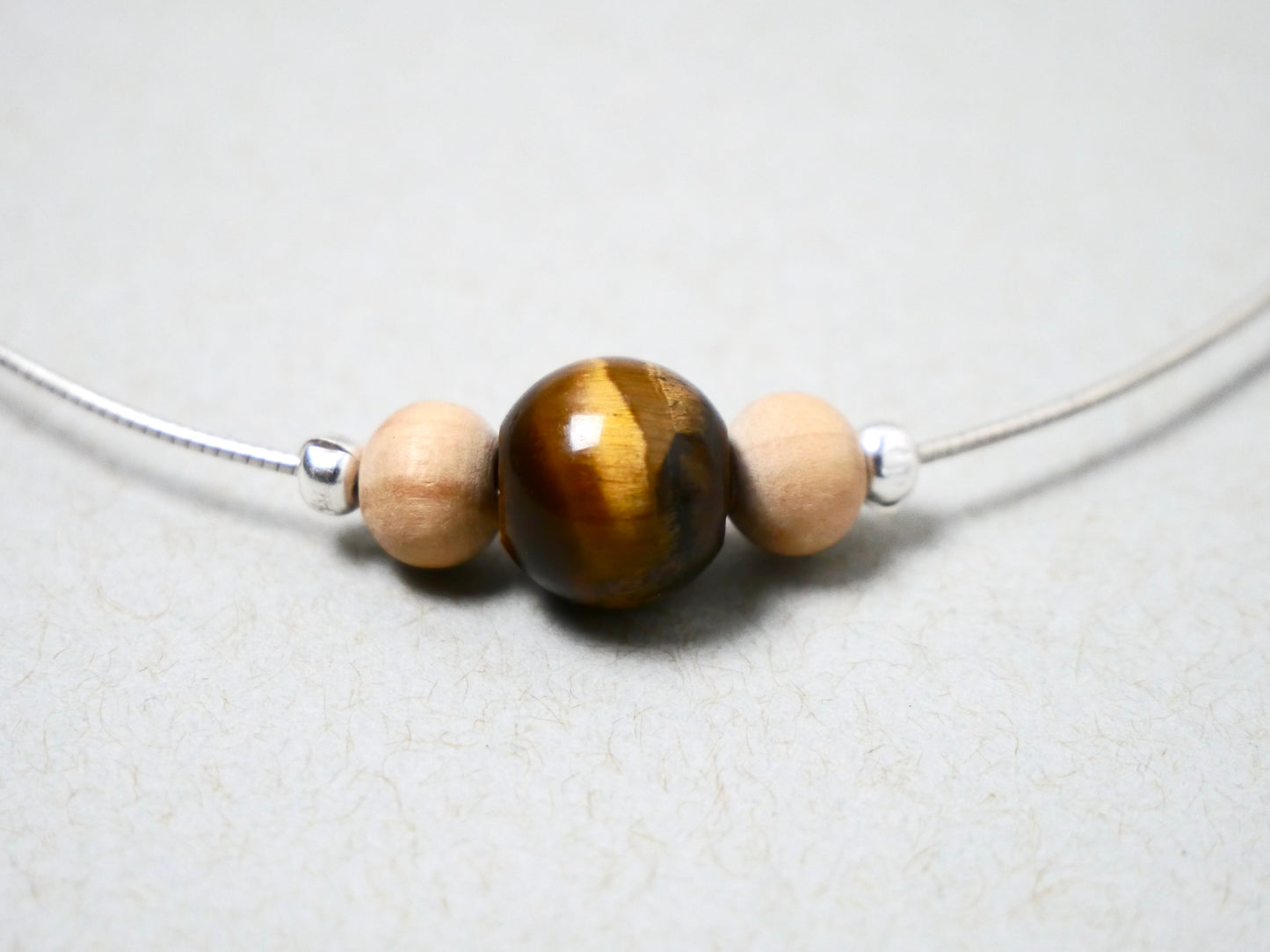 16" Necklace Wood beads & Tiger Eye Gemstone