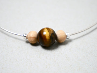 16" Necklace Wood beads & Tiger Eye Gemstone