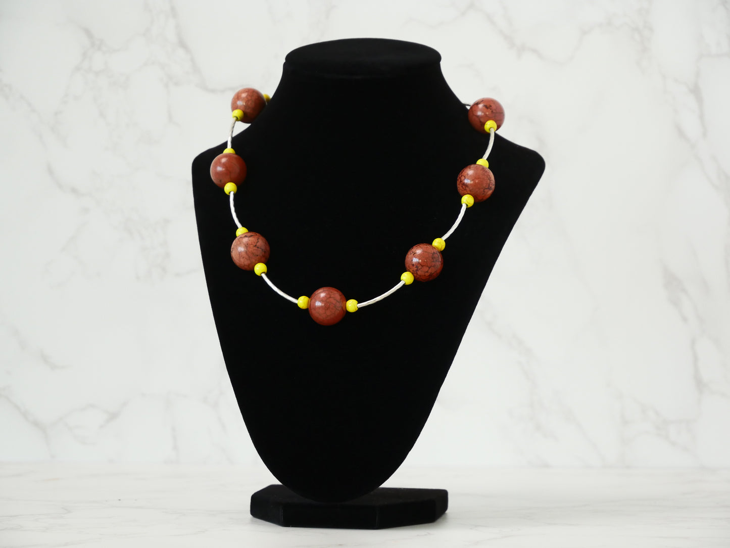 20" Necklace And Earrings Set Brown & Yellow XS Magnesite Gems with Silver Beads