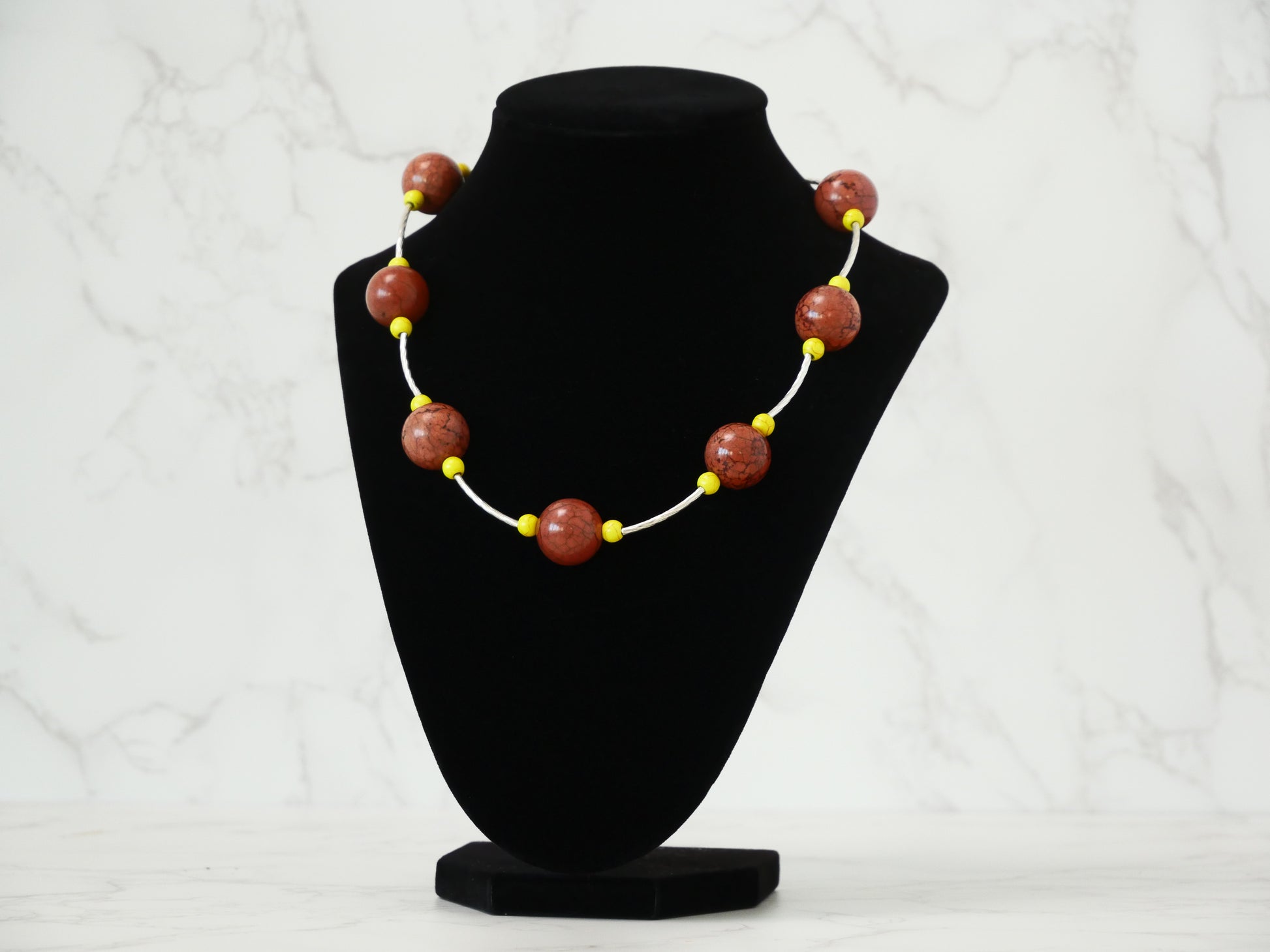 20" Necklace And Earrings Set Brown & Yellow XS Magnesite Gems with Silver Beads