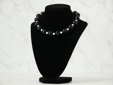 16" Necklace And Earrings Set White XS Magnesite & Medium Onyx Gems