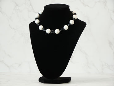 14" Necklace And Earrings Set  White Magnesite & XS Onyx Gems