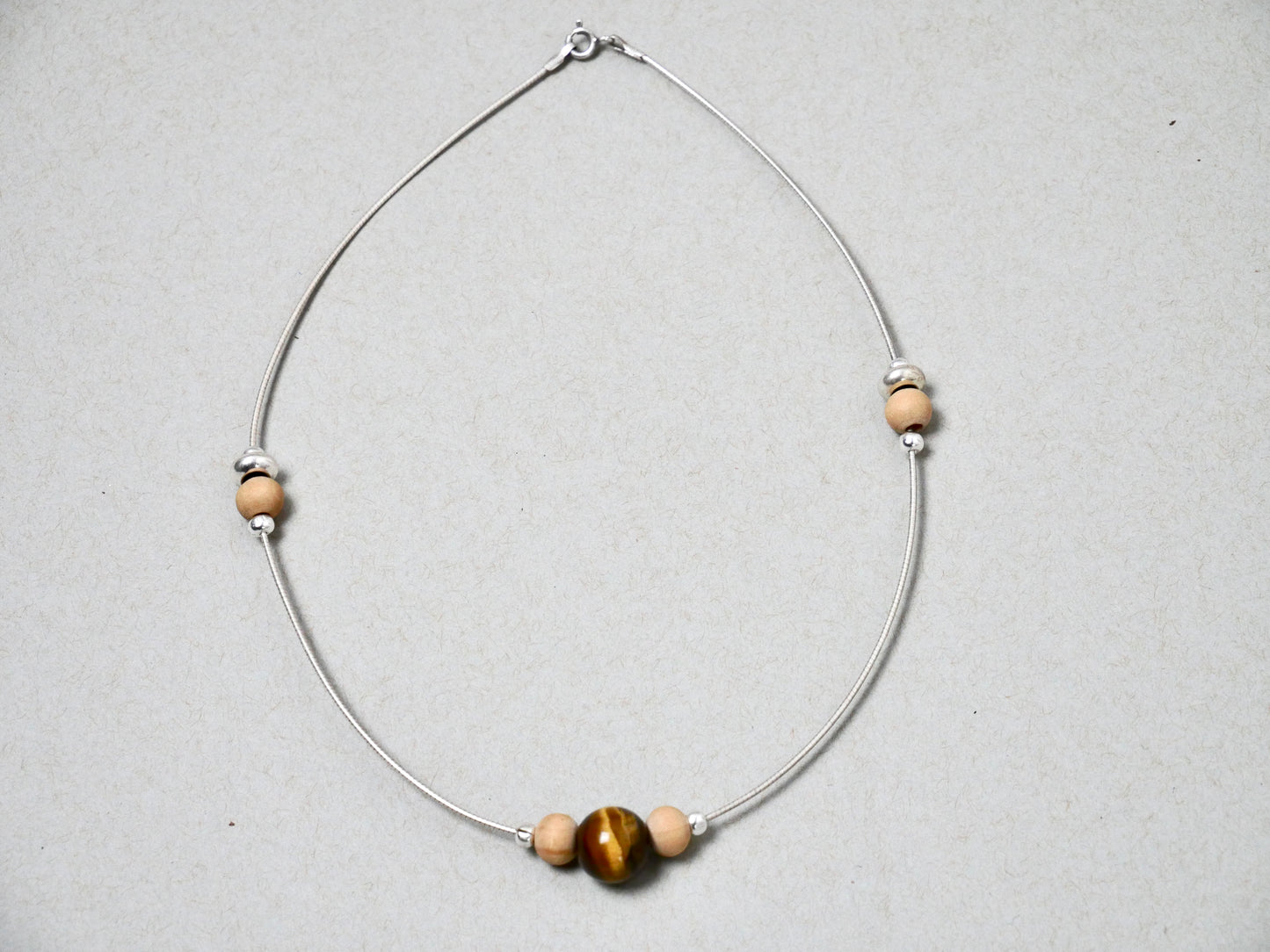16" Necklace Wood beads & Tiger Eye Gemstone
