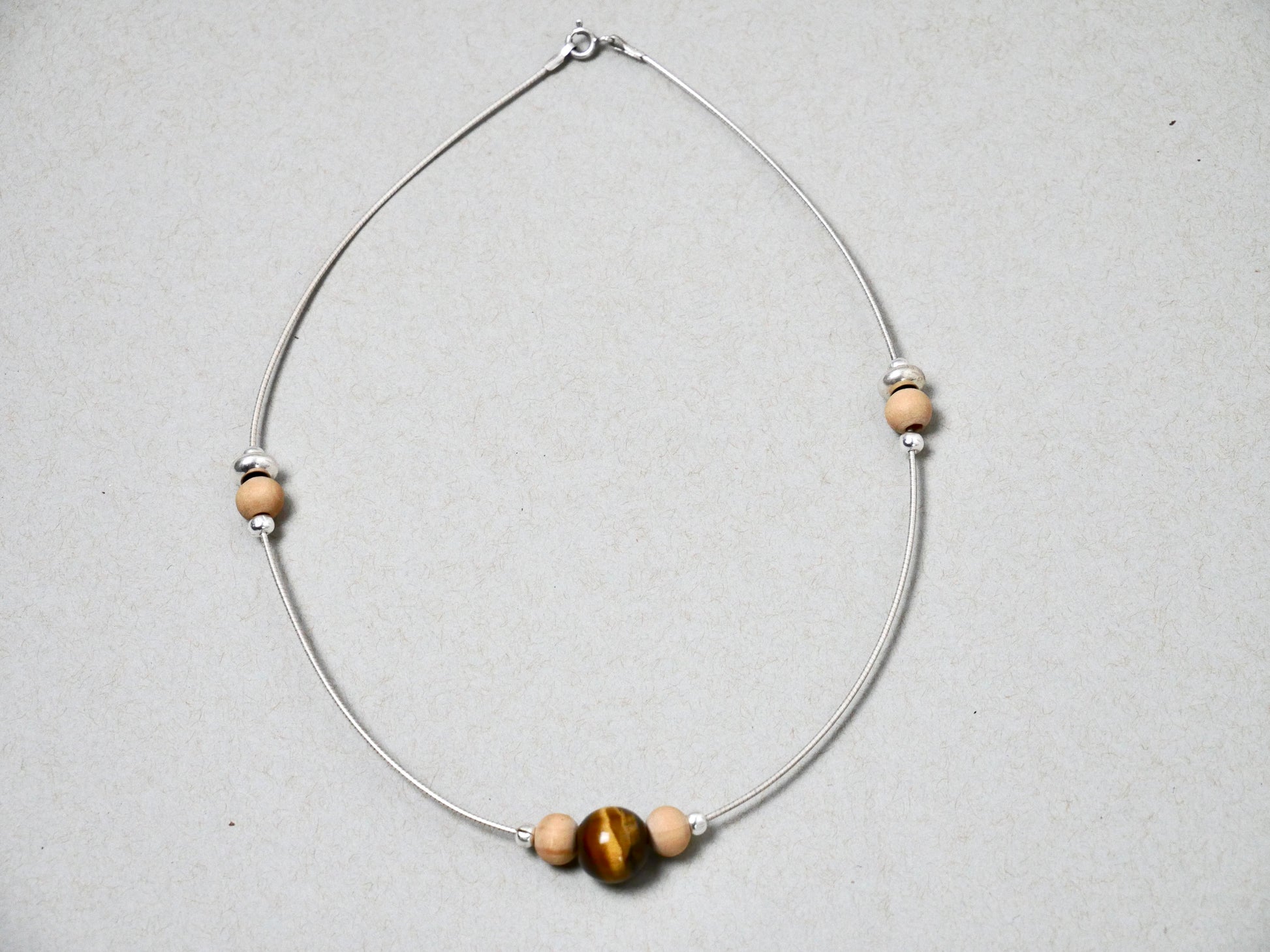 16" Necklace Wood beads & Tiger Eye Gemstone