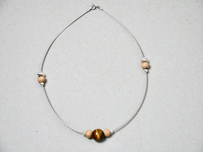 16" Necklace Wood beads & Tiger Eye Gemstone