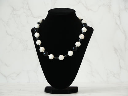 20" Necklace And Earrings Set  Medium Onyx & White Magnesite Gems and Touch of Silver