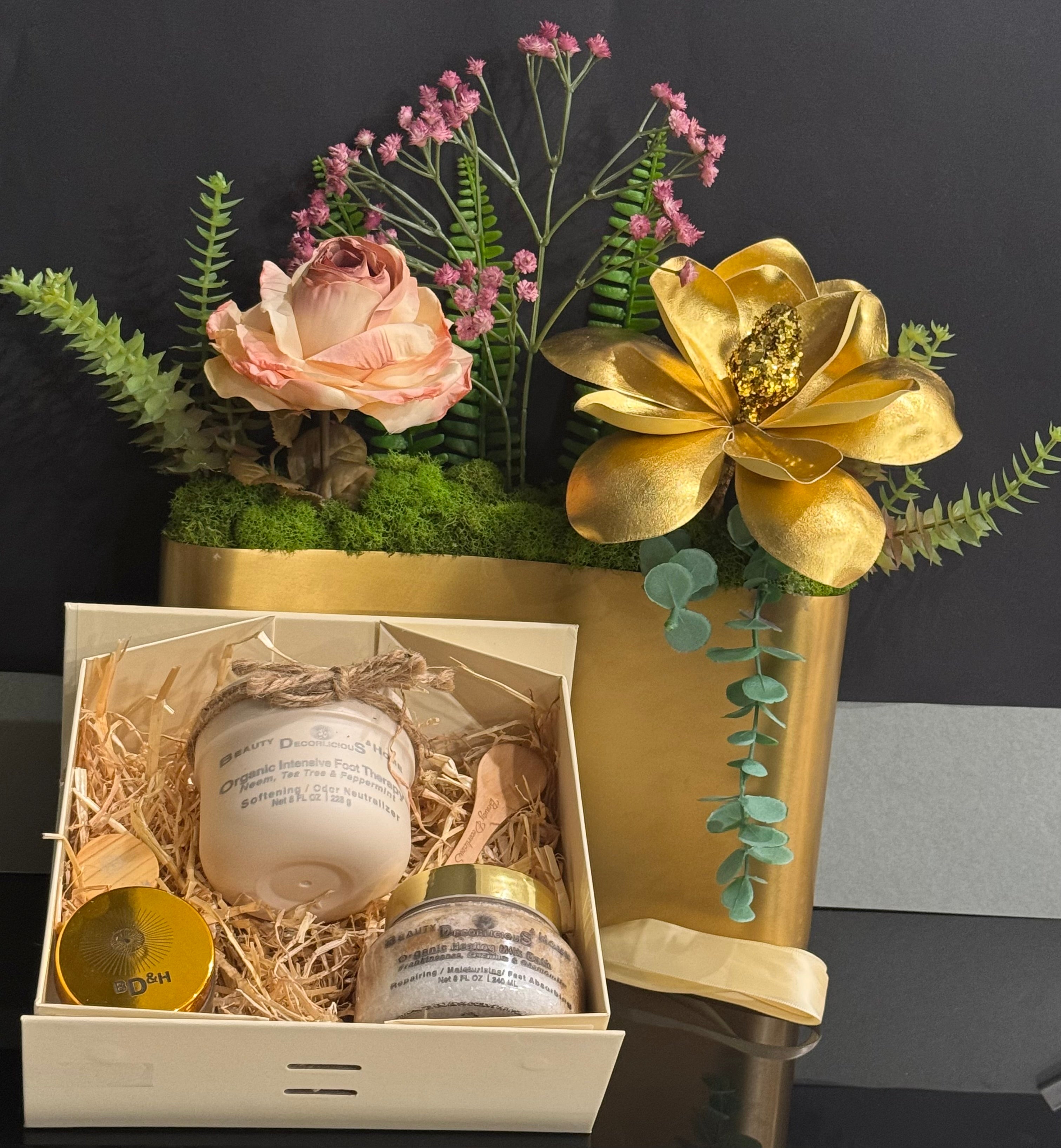 Luxury wellness gift box with a striking gold Petale d'or flower centerpiece, handmade with organic sole and body care essentials locally in Texas.