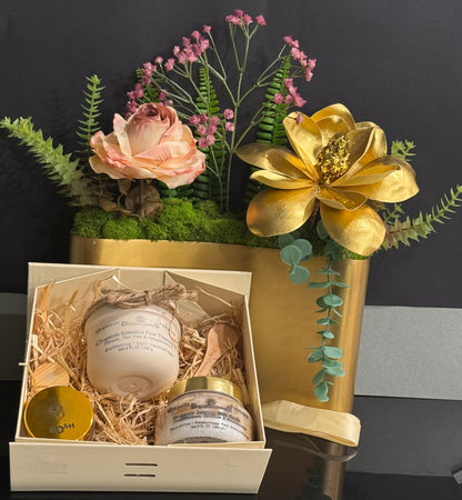 Luxury wellness gift box with a striking gold Petale d'or flower centerpiece, handmade with organic sole and body care essentials locally in Texas.