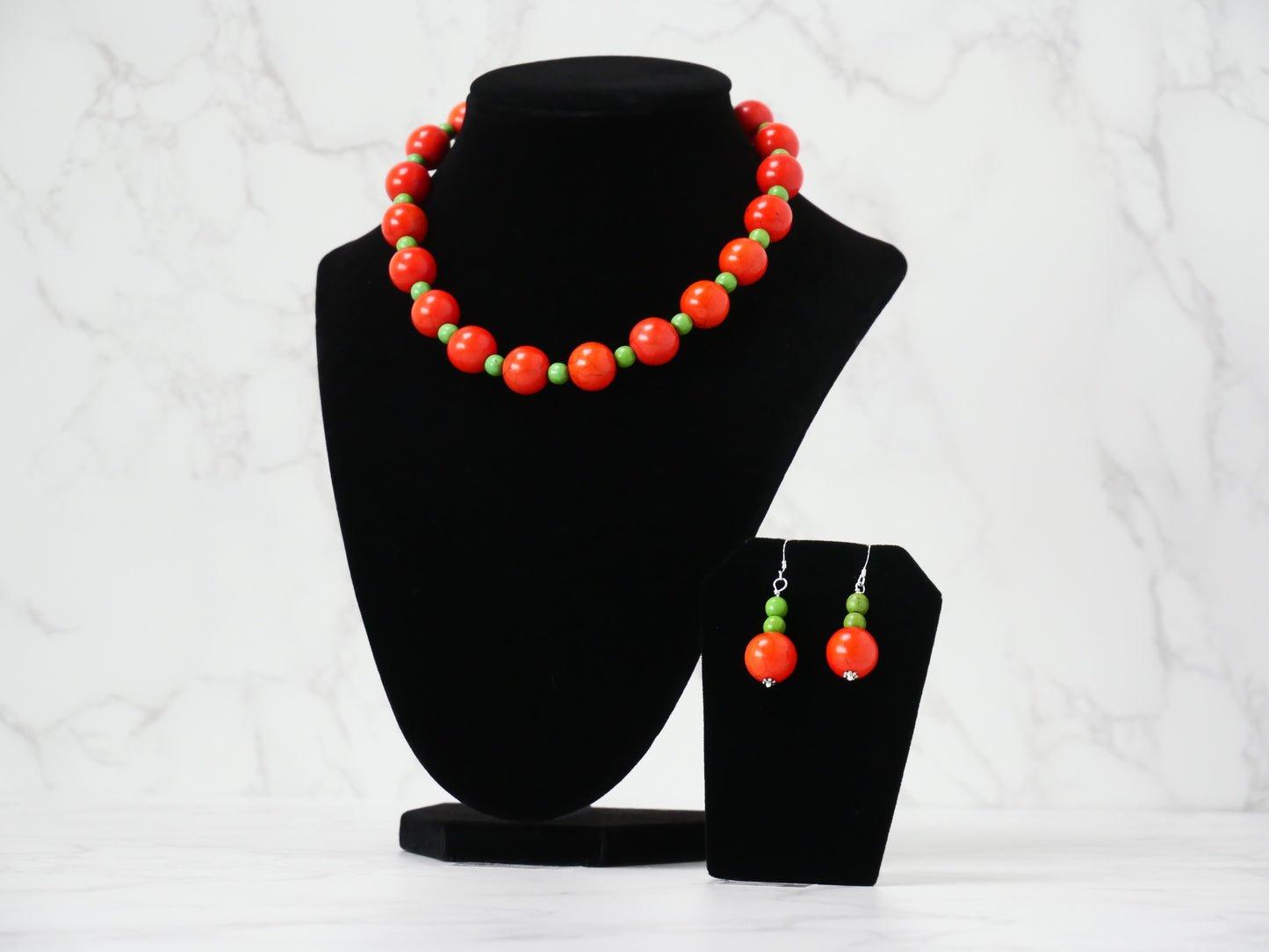 16" Necklace And Earrings Set Orange & Green XS Magnesite Gems