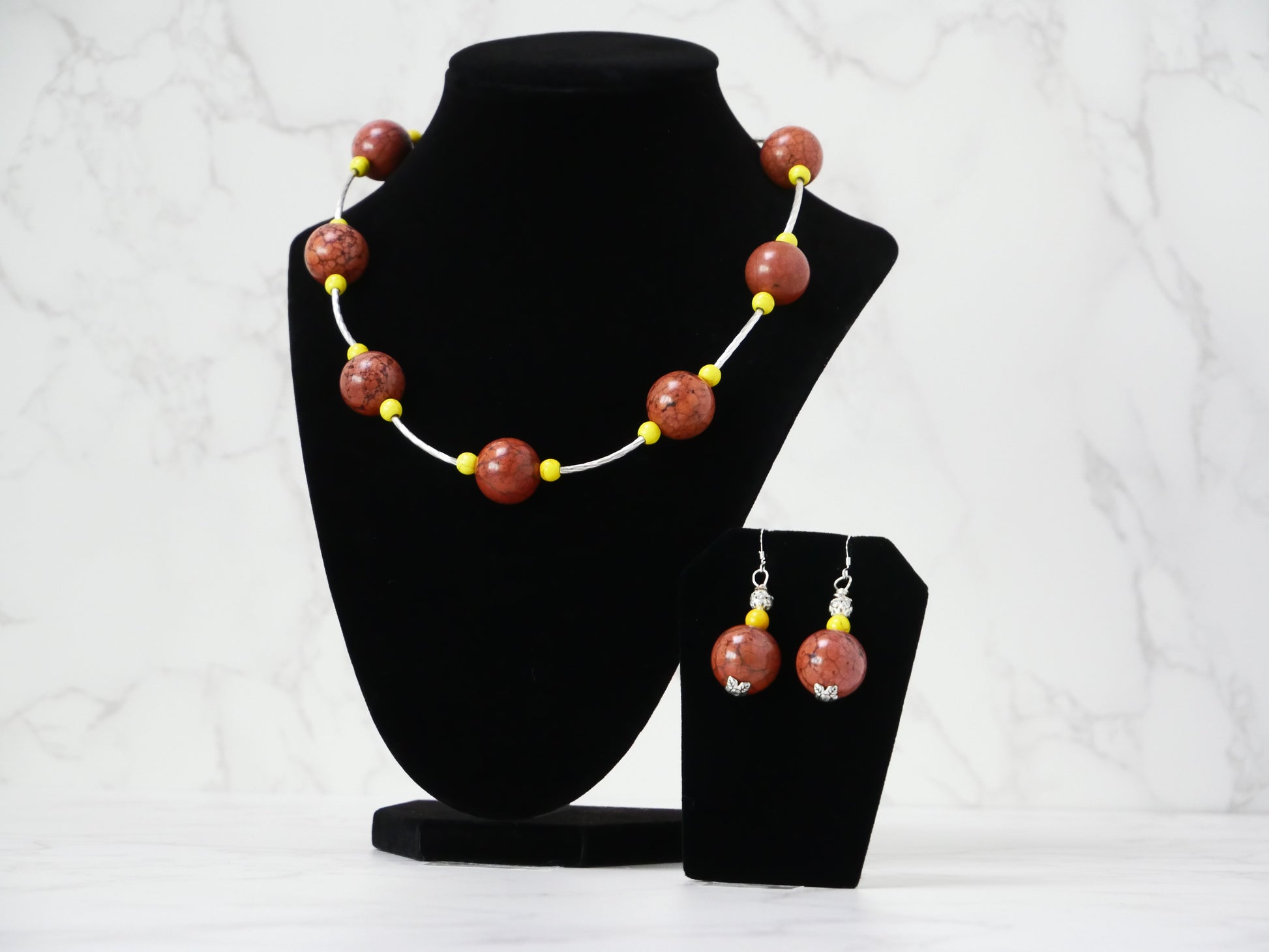 20" Necklace And Earrings Set Brown & Yellow XS Magnesite Gems with Silver Beads