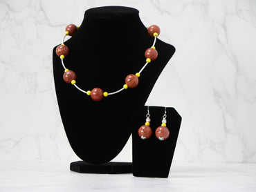 20" Necklace And Earrings Set Brown & Yellow XS Magnesite Gems with Silver Beads