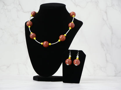 20" Necklace And Earrings Set Brown & Yellow XS Magnesite Gems with Silver Beads