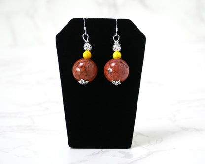 20" Necklace And Earrings Set Brown & Yellow XS Magnesite Gems with Silver Beads