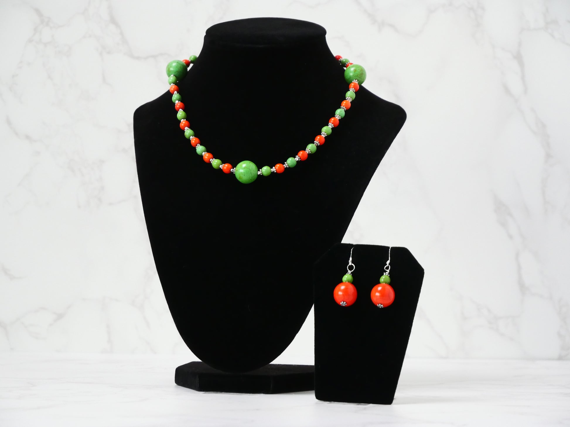 16" Necklace and Earrings Set Green and Orange Magnesite