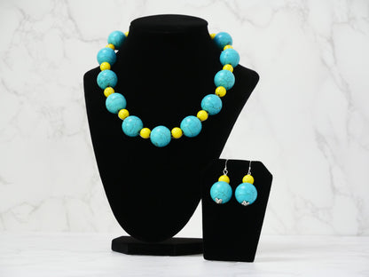 18" Necklace And Earrings Set Turquoise & Yellow XS Magnesite Gems