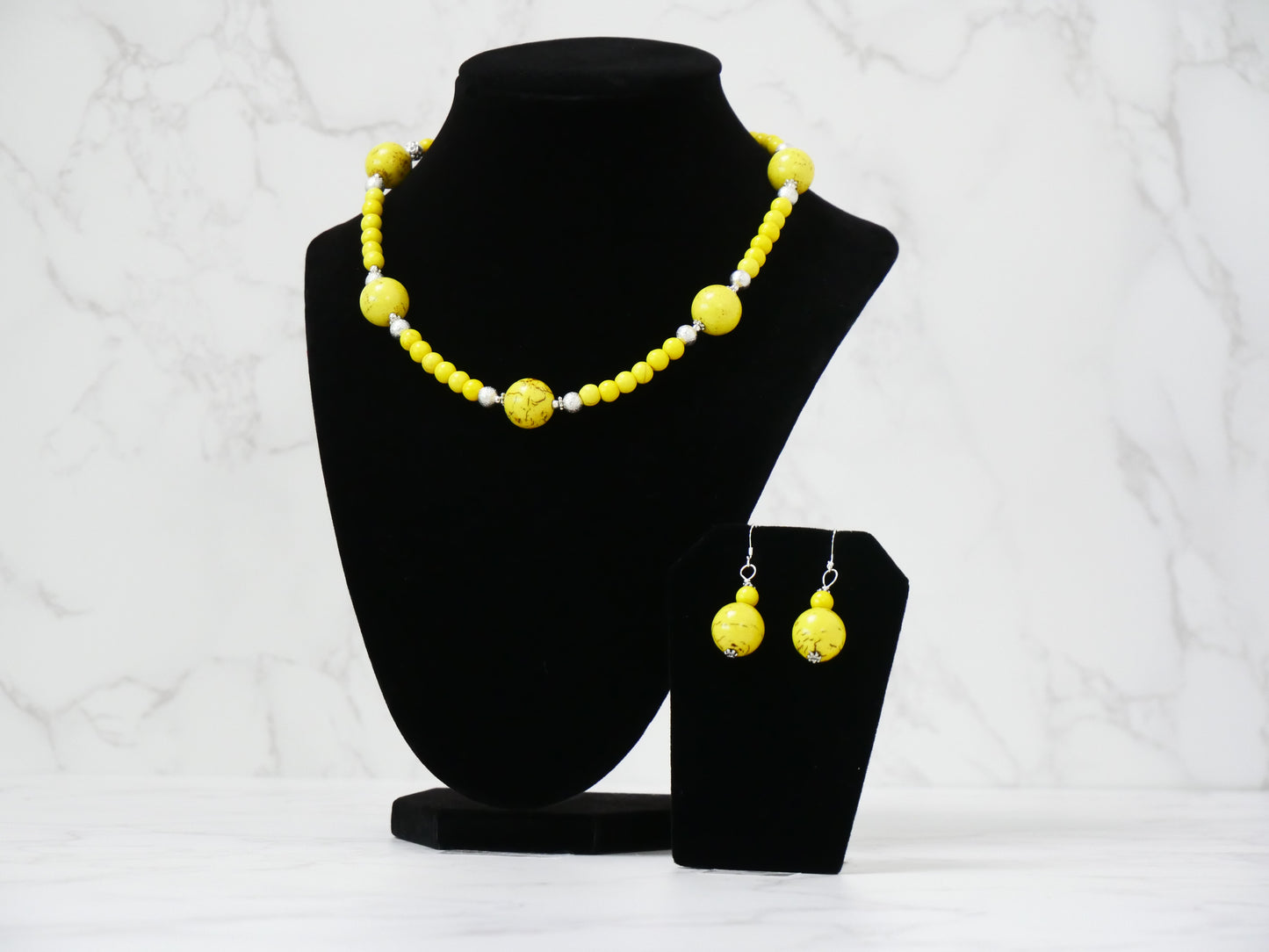16" Necklace and Earrings Set Yellow Magnesite Gems & Silver Beads
