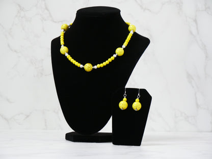 16" Necklace and Earrings Set Yellow Magnesite Gems & Silver Beads